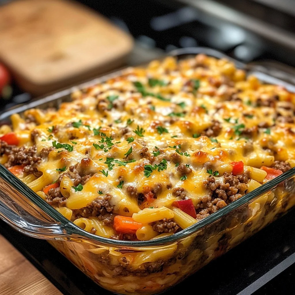 Hamburger Supreme Casserole med ost och grönsaker i en ugnsform.