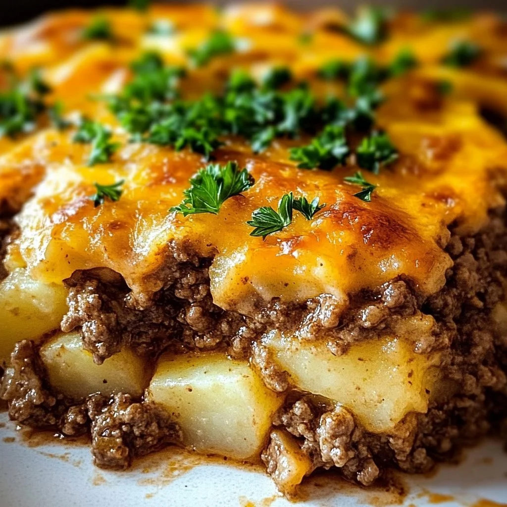 En smakrik Hobo Casserole med köttfärs i en ugnsform