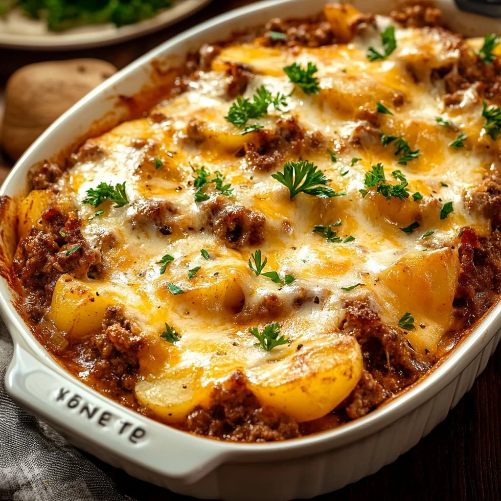 Läckert hobo-gratäng med köttfärs och grönsaker på en tallrik.