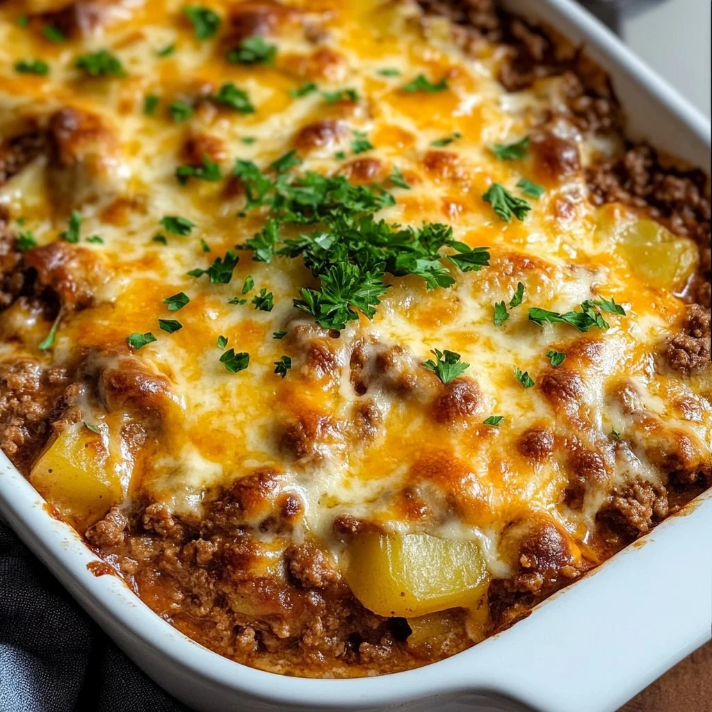 Läcker hobo-gratäng med köttfärs i en ugnsform