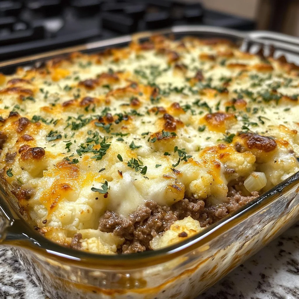 Keto-ostig blomkål och nötköttsgryta på en tallrik