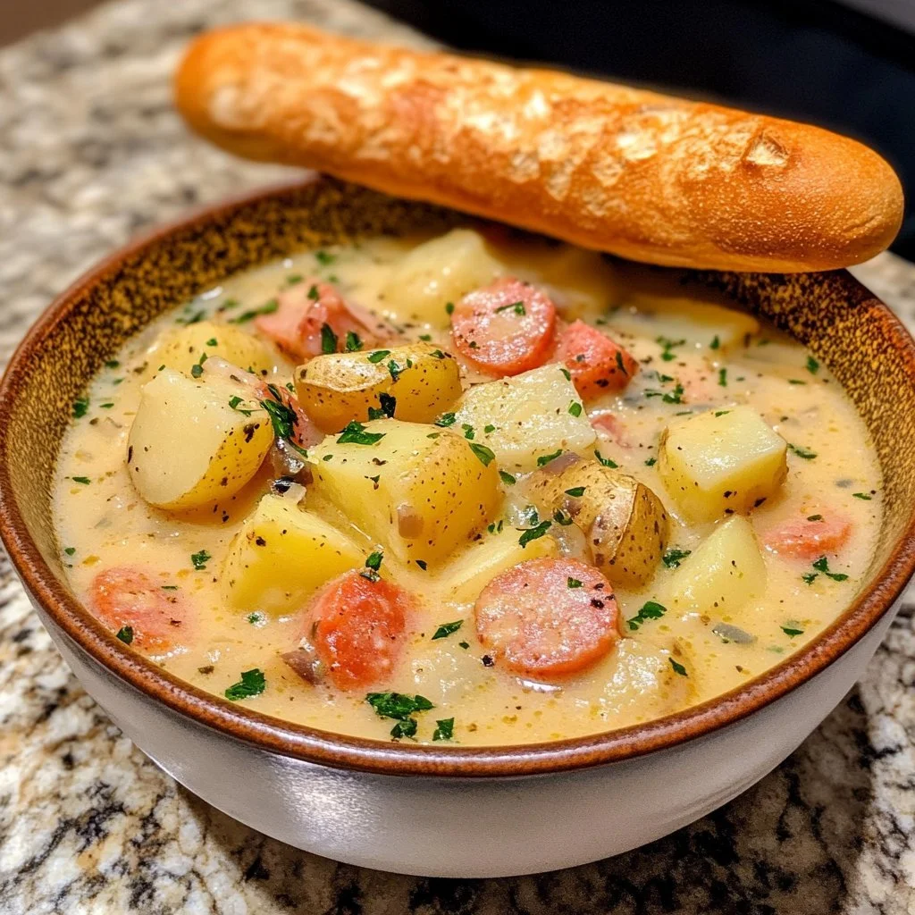 Kielbasa och potatis soppa i en skål, klar att avnjutas.