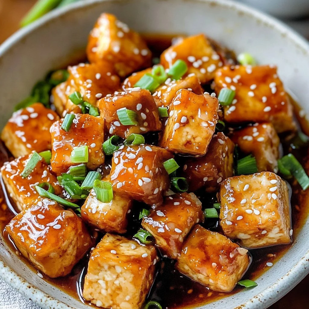 Klibbig sesamtofu med grönsaker och sås på tallrik