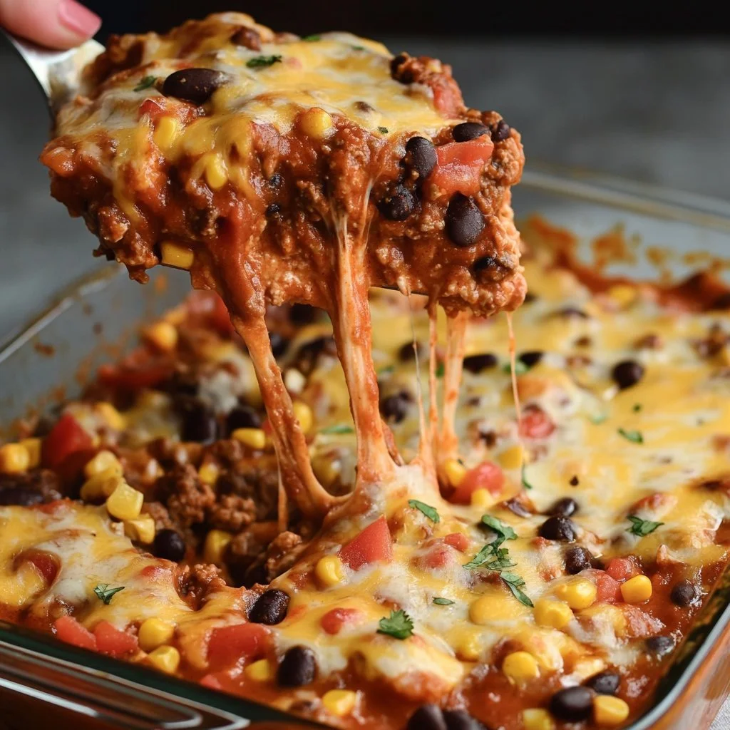 Köttfärs enchilada casserole med ost och salsa i en ugnsform