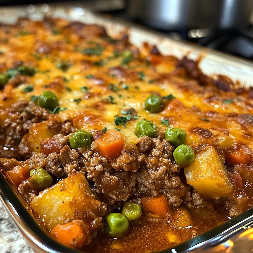 Läckert köttfärsgratäng med osttopping och grönsaker i en ugnsform.
