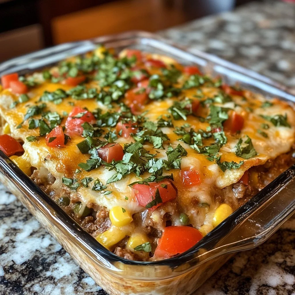 Läckert krämig burrito casserole i en ugnsform