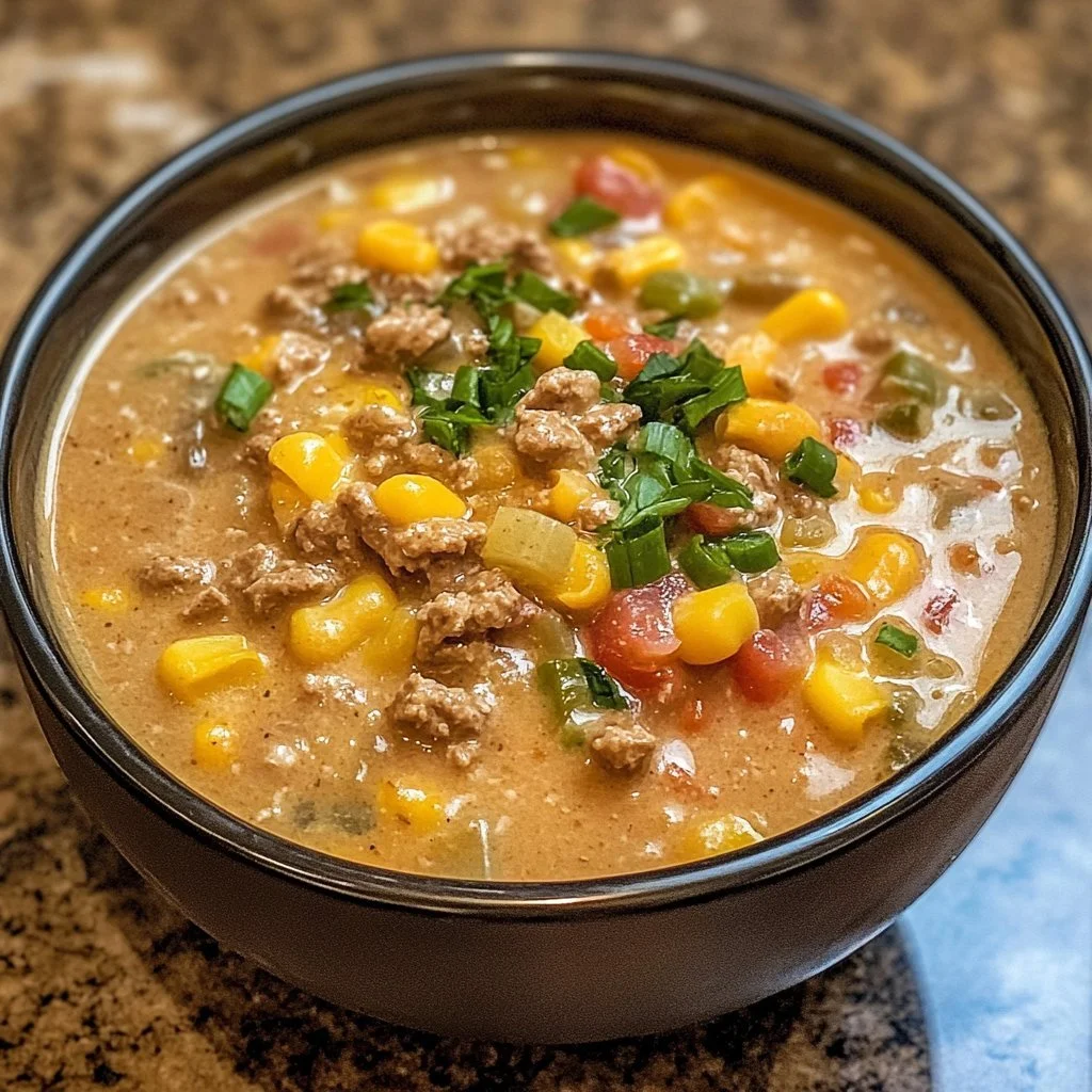 Krämig cowboy-soppa i en skål, serverad med bröd.