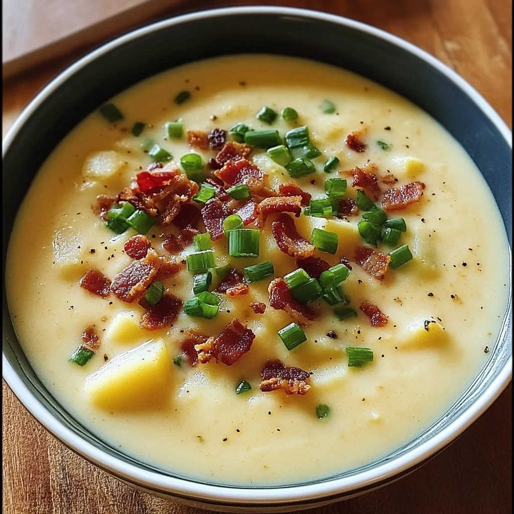Krämig bakad potatissoppa med toppings i skål