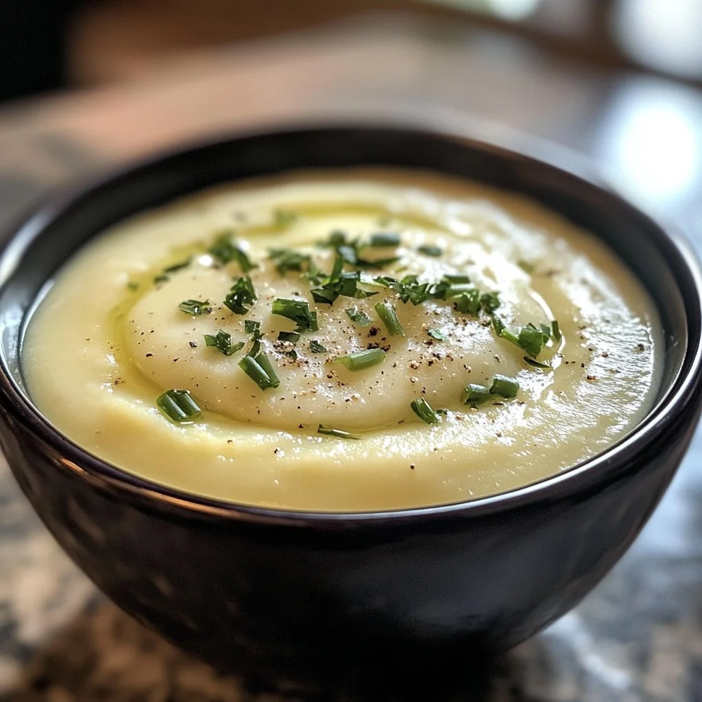 Krämig potatis- och purjolökssoppa med skyr i en skål