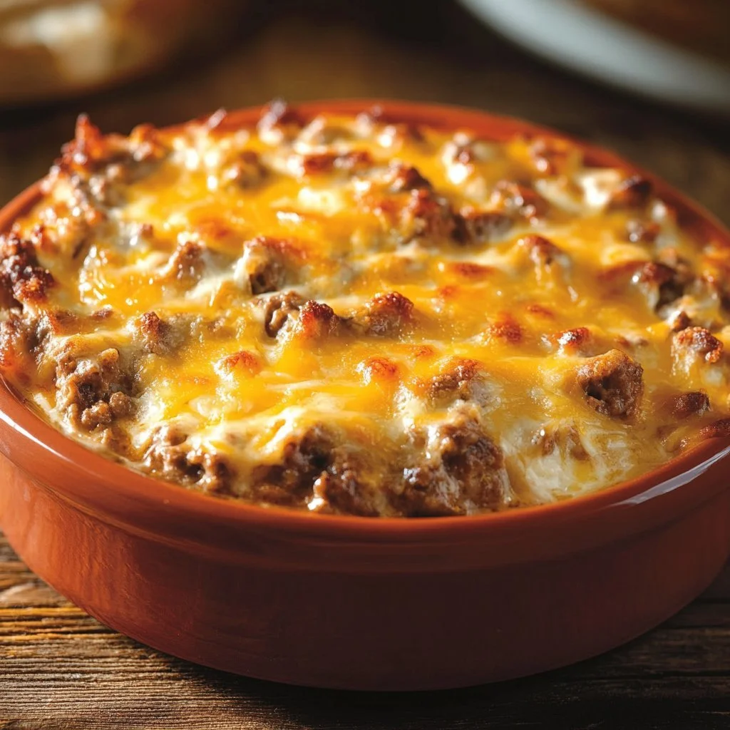 Krämig Ranch Cowboy Gratin med ost och grönsaker på en tallrik