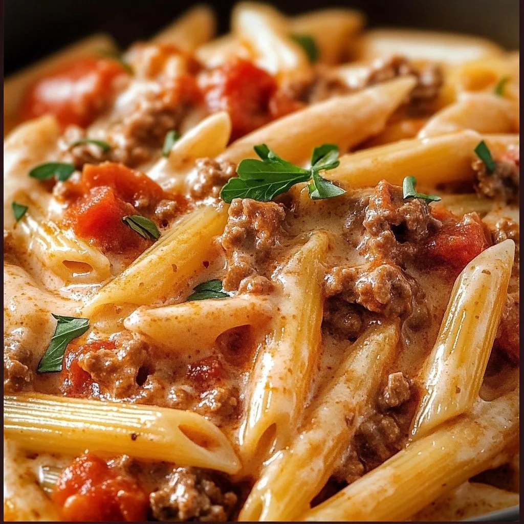 Krämig Rotel pasta med köttfärs serverad i en skål