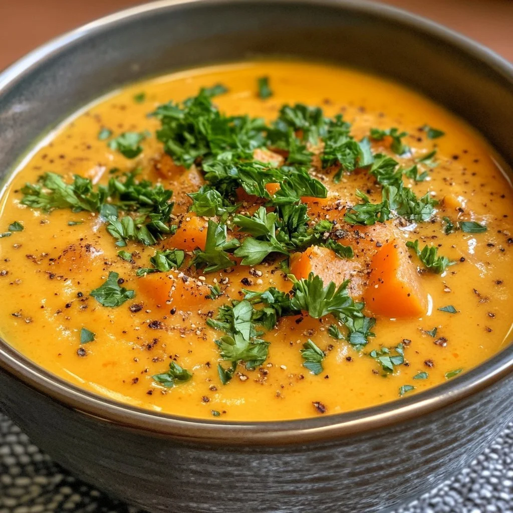 Krämlig vegansk morot och potatissoppa i en skål.