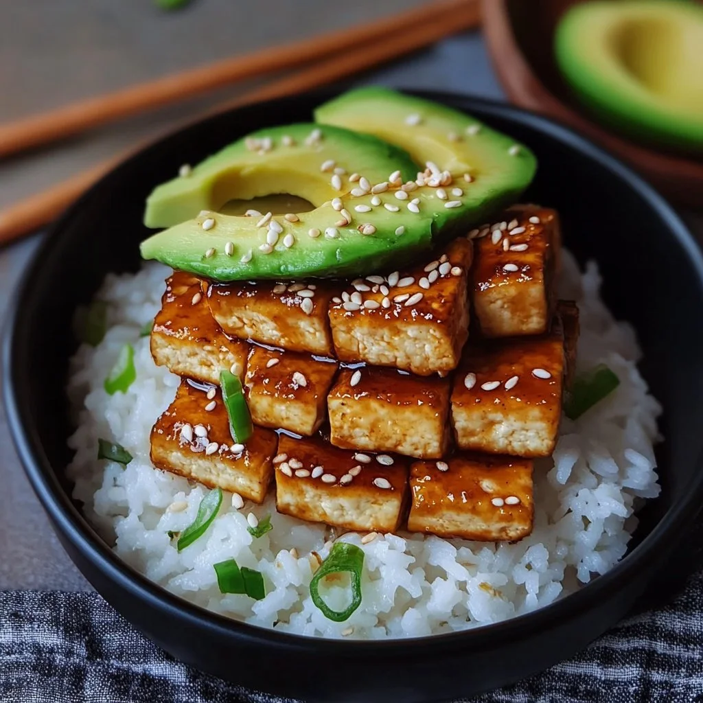 Krispig teriyaki tofu med avokadoris-stapel på en tallrik