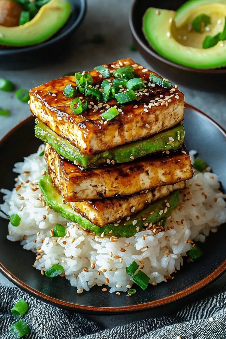 Krispig Teriyaki-tofu och avokadoris-stapel