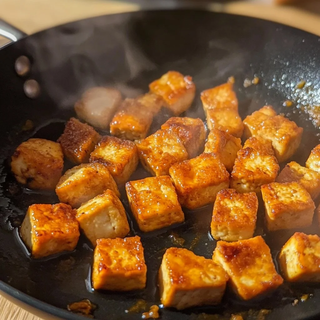 Krispiga gyllene tofu-bitar med en läcker yta