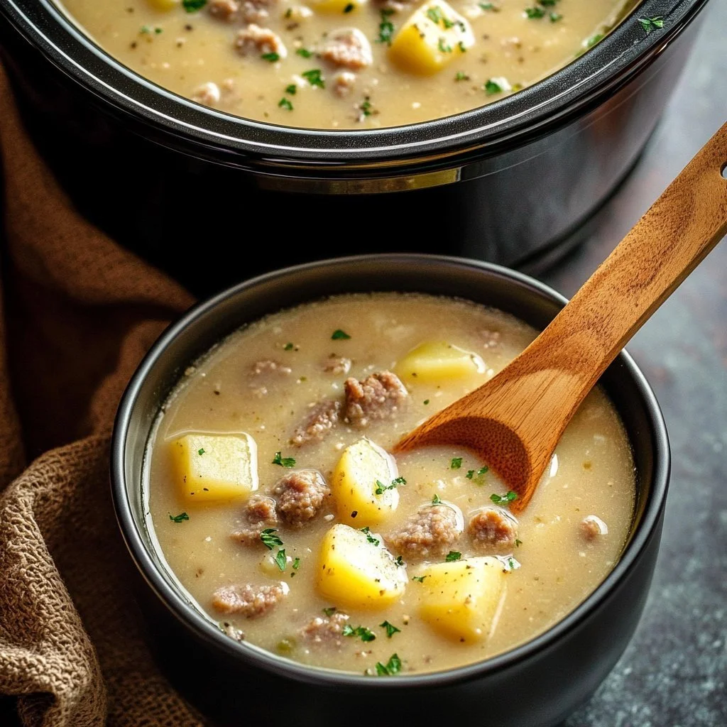 Kryddig korv- och potatissoppa tillagad i slow cooker