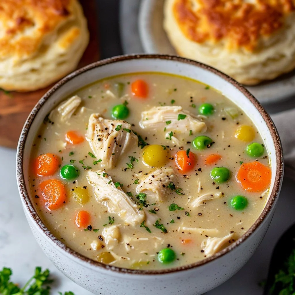 Delicious Kyckling Pot Pie Soppa in a bowl, perfect comfort food.