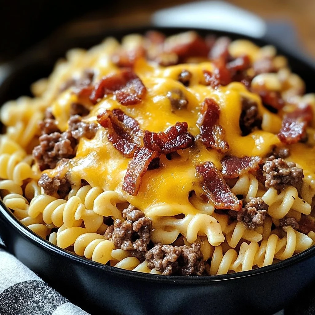 Läcker bacon cheeseburger pasta med bacon och köttfärs i en ostsås