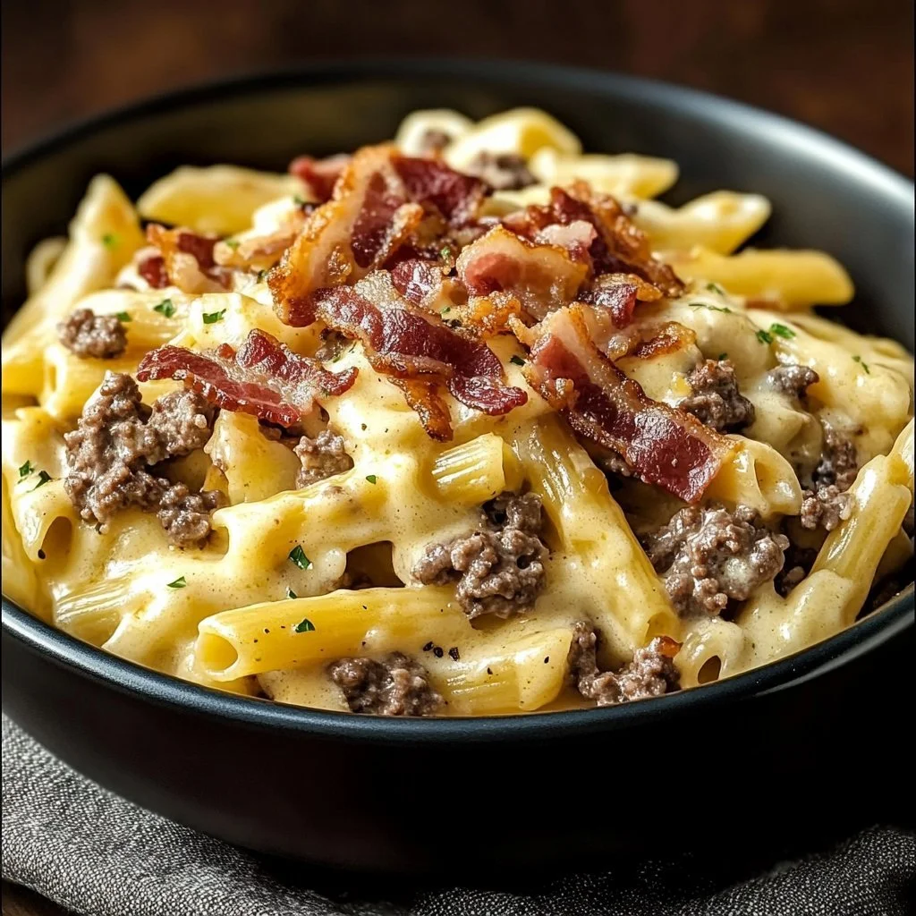 Läckra baconcheeseburger Alfredo pasta på tallrik, perfekt för mysiga kvällar.