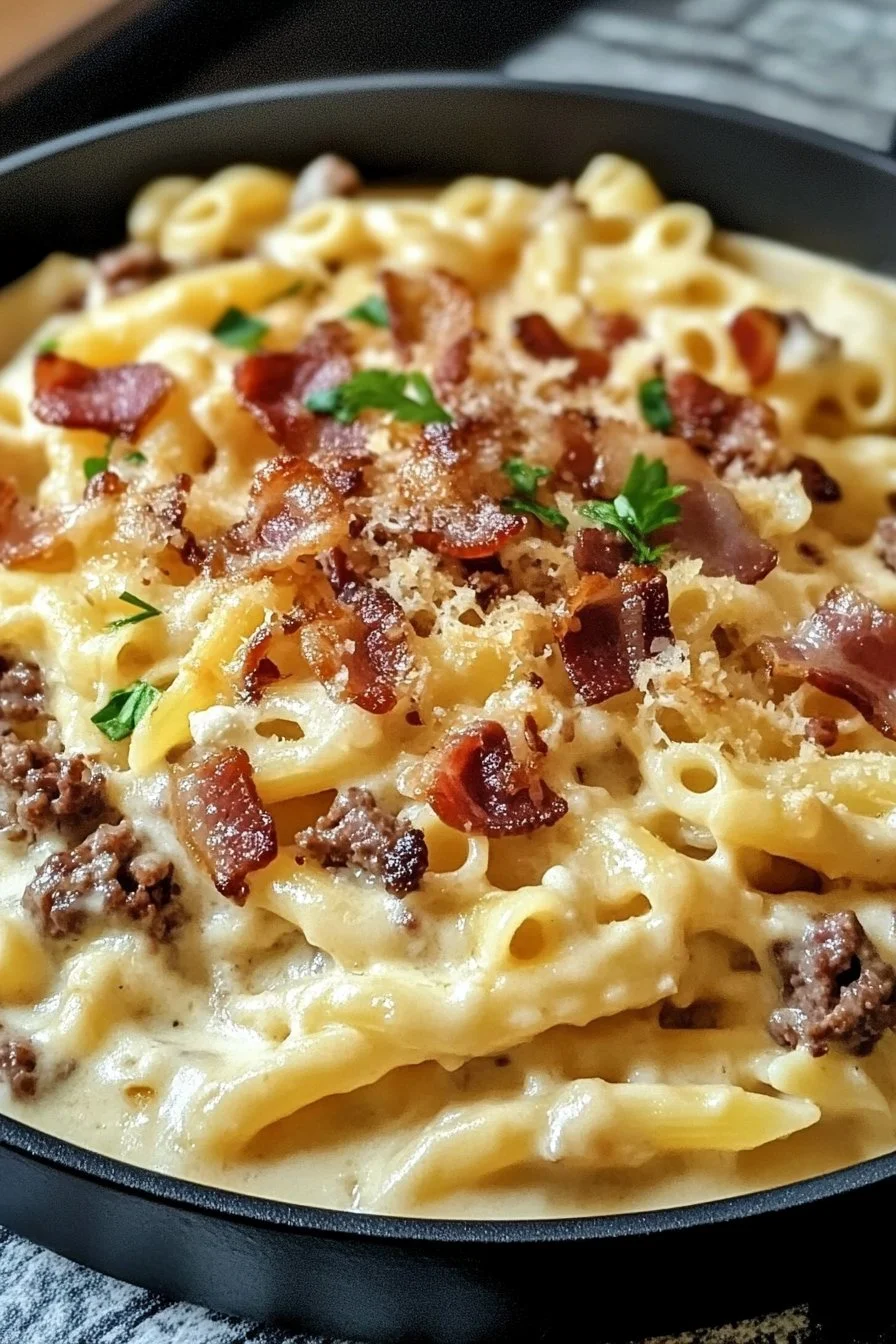 Laddad baconcheeseburger Alfredo pasta för mysiga kvällar