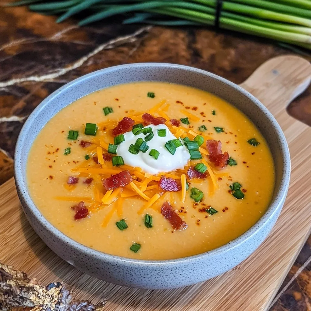 Laddad bakad potatissoppa med krämiga ingredienser och garnityr.