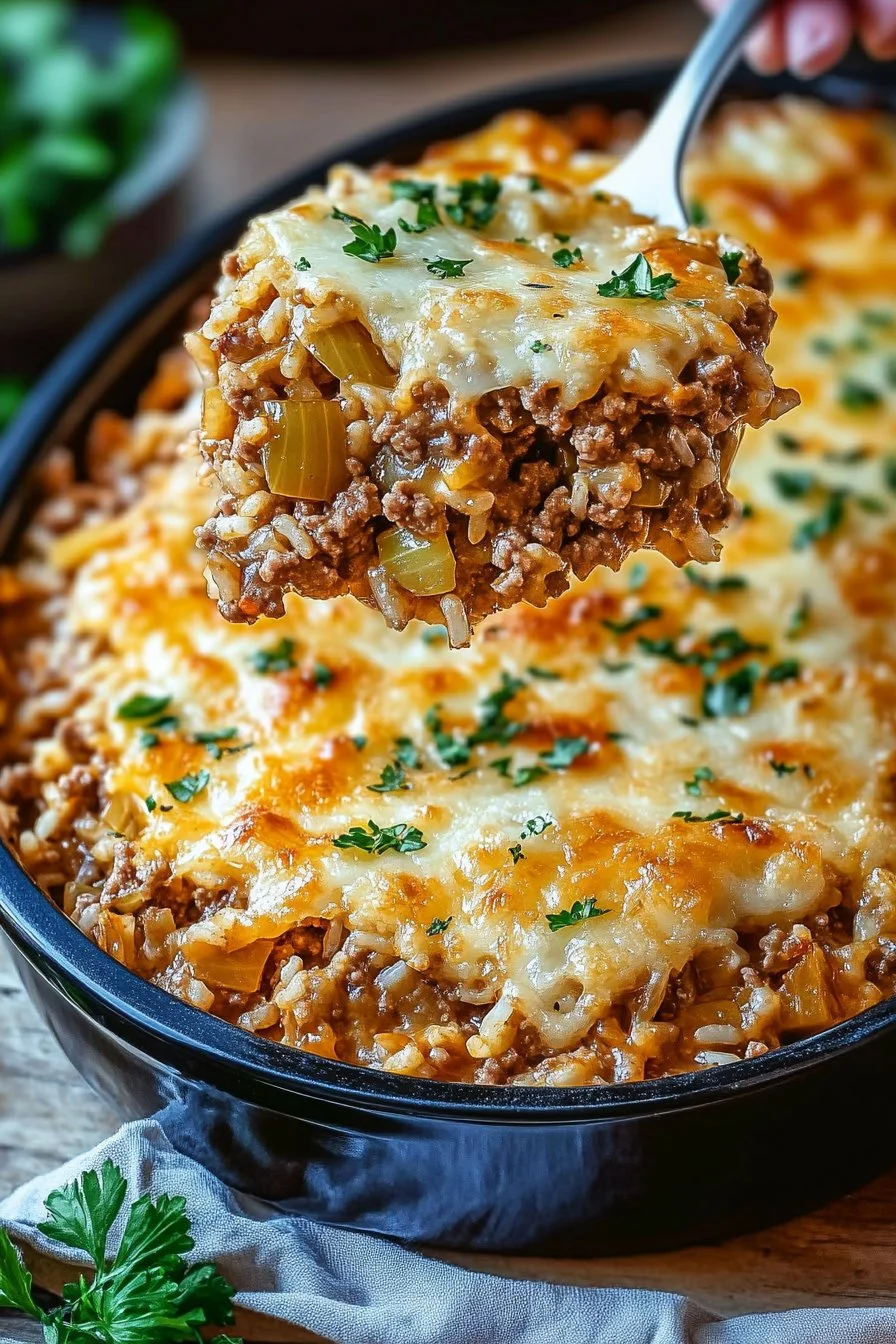 Lätt fransk löksoppa med köttfärs och risgratäng