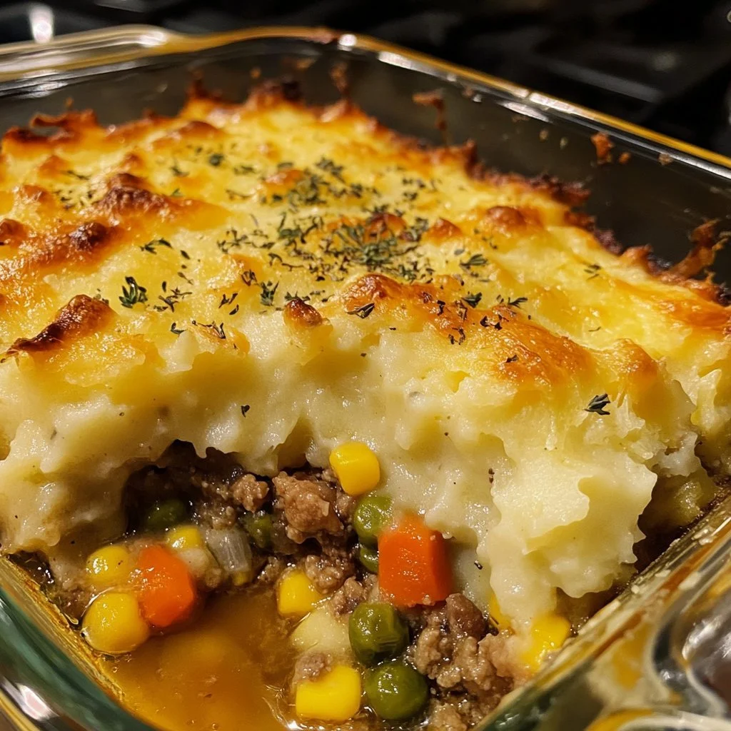 Lätt Shepherd's Pie-gratäng med potatismos och färs.