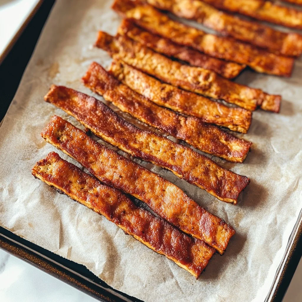 Lätt Tofubacon tillagad med tofu som ett hälsosamt alternativ till bacon