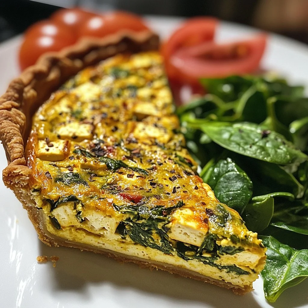 Lätt vegansk tofu quiche med spenat på tallrik