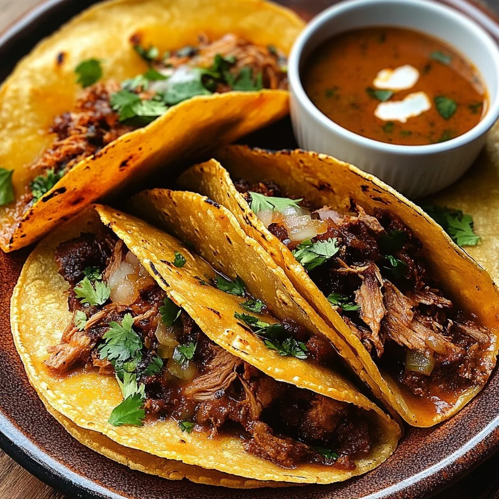 Delicious Nötkötts Birria Tacos served with toppings and sauce