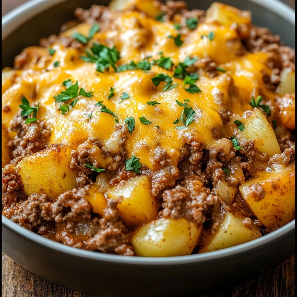 Ostig köttfärs- och potatisgratäng på tallrik, perfekt för middag.