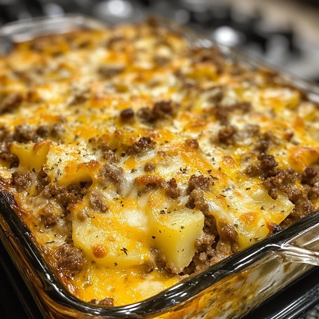 Ostig köttfärs- och potatisgratin i en ugnsform