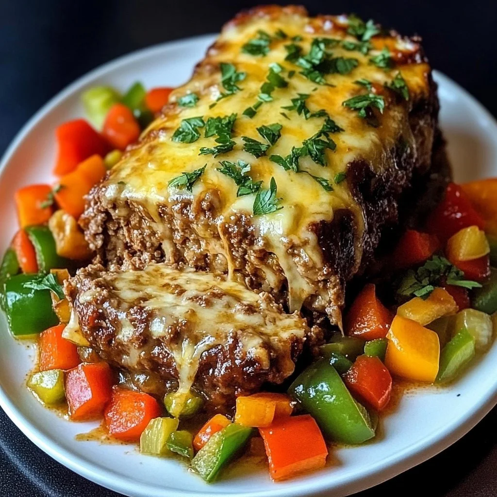 Läckra Philly Cheesesteak köttfärslimpa med ost och grönsaker