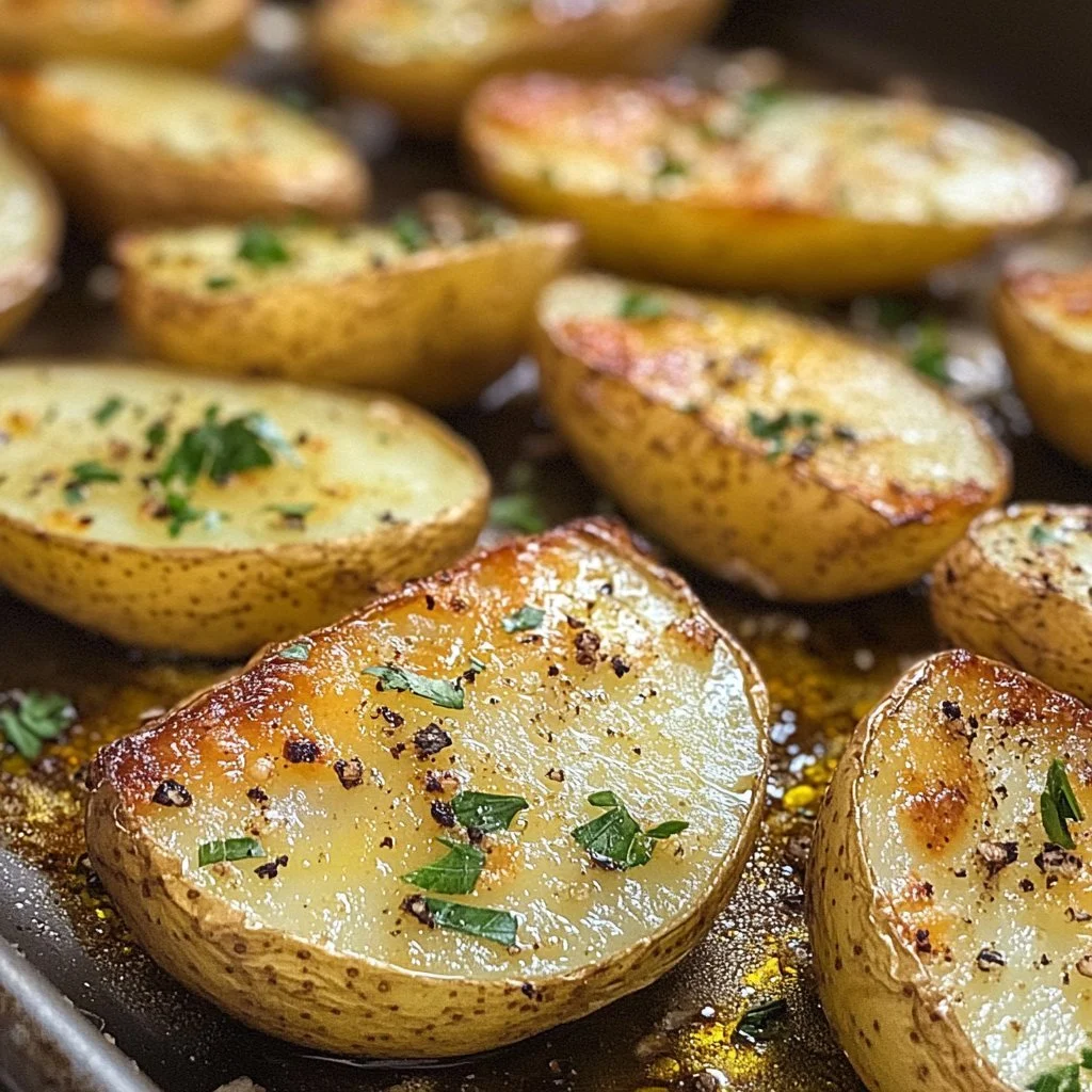Rostade potatis halvor gyllenbruna och krispiga, serverade i en skål.