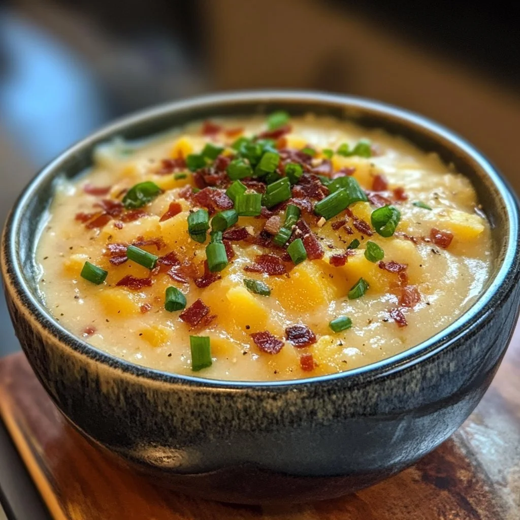 Skål med bakad potatissoppa tillagad i slowcooker
