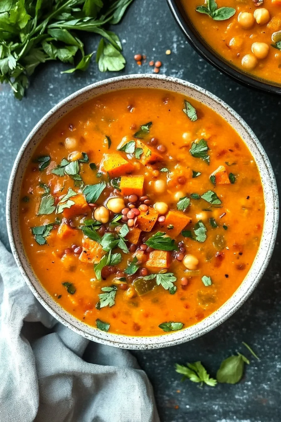 Sweet potato, chickpeas, and red lentil soup
