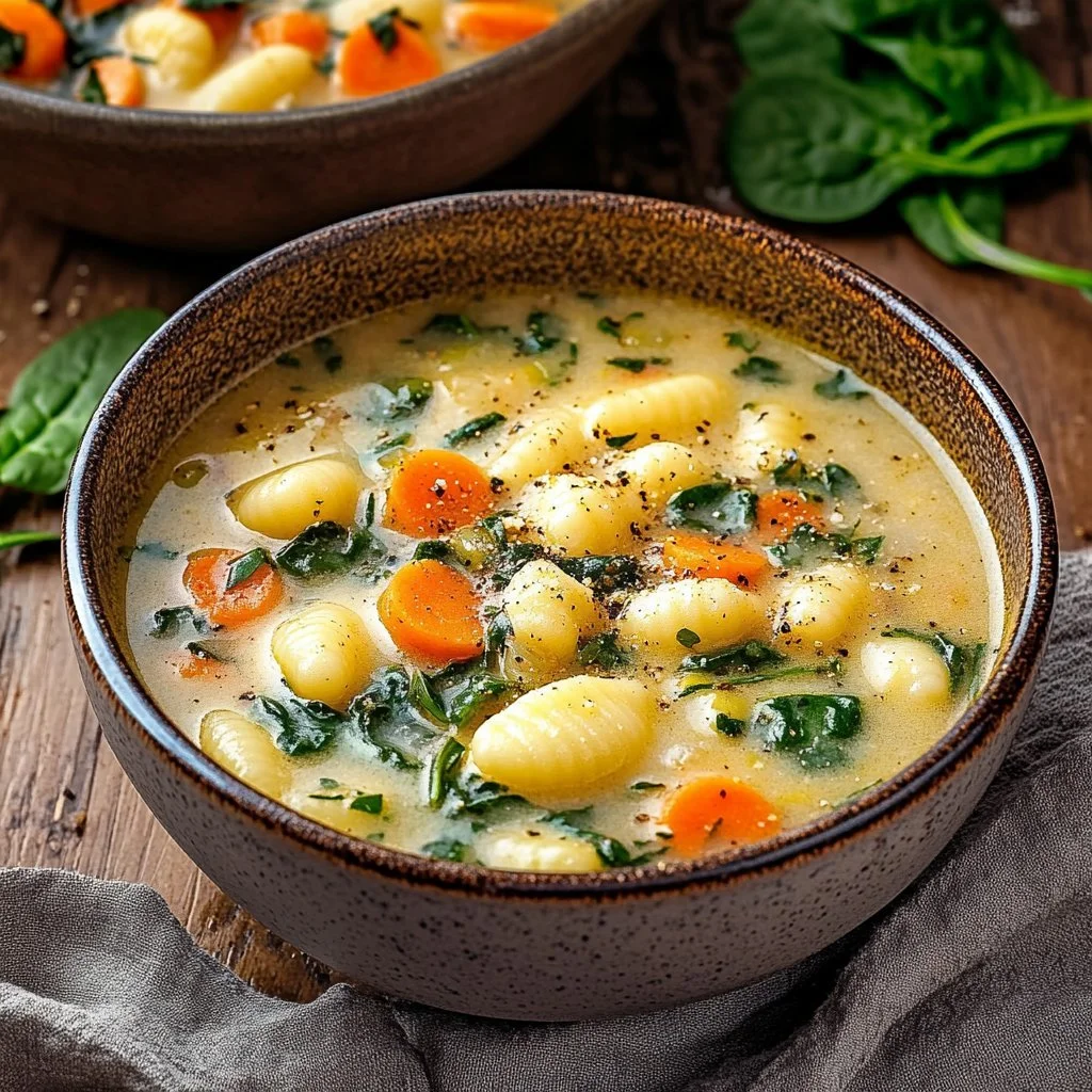 Läcker vegetabilisk gnocchi-soppa i en skål med färska örter