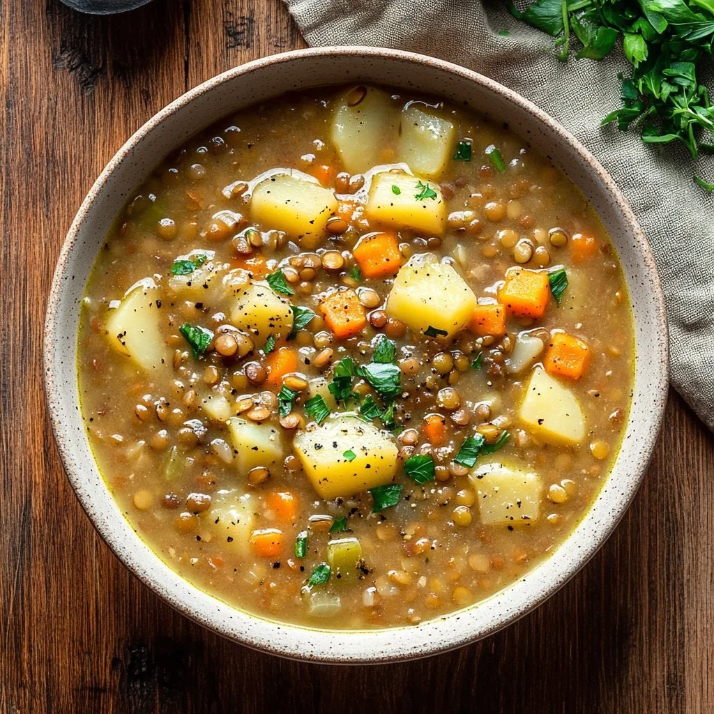 Skål med vegetarisk linsoppa fylld med grönsaker