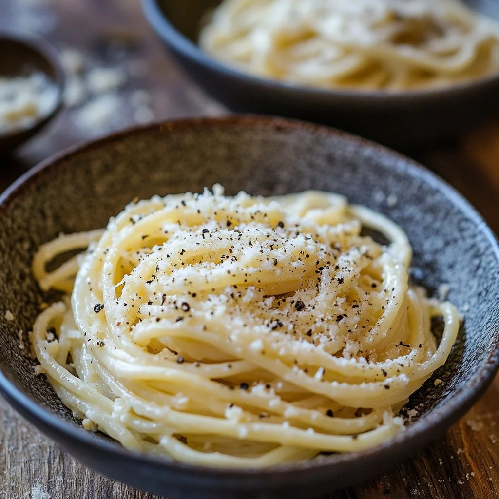 Tallrik med äkta Cacio e Pepe, en klassisk italiensk pastarätt