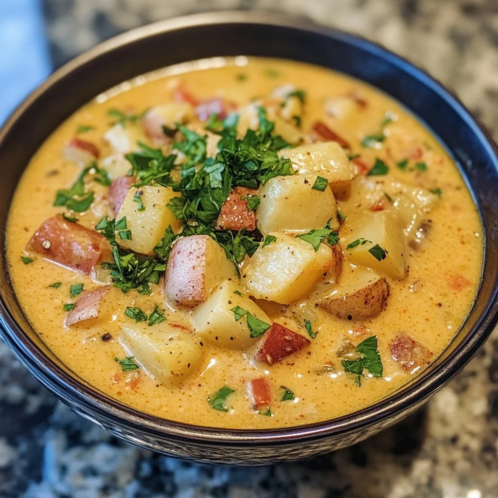 Skål med Cajunpotatisoppa, en kryddig och läcker soppa
