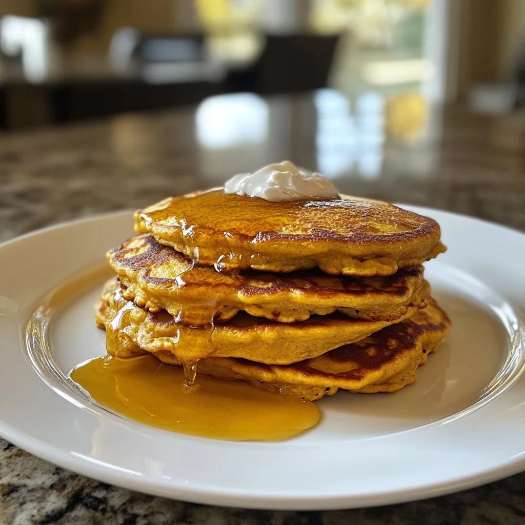 Klassiska pumpa grekiska yoghurts pannkakor serverade med toppings