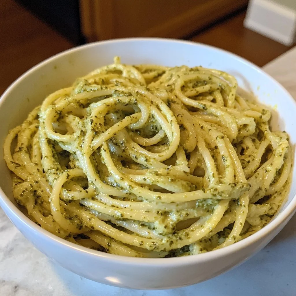 Krämig pesto pasta med färsk basilika och pinjenötter