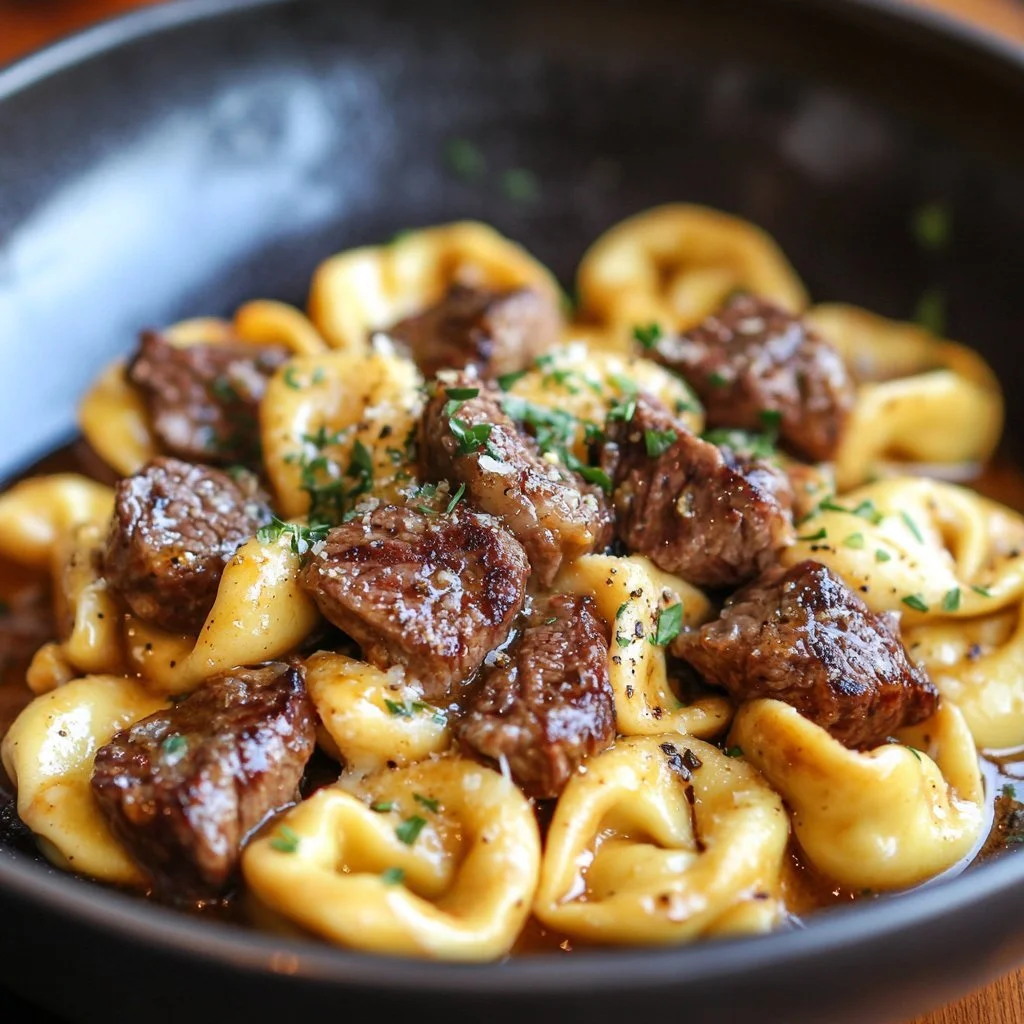 Krossad vitlöksbiff tortellini i gräddsås på tallrik med grönsaker.