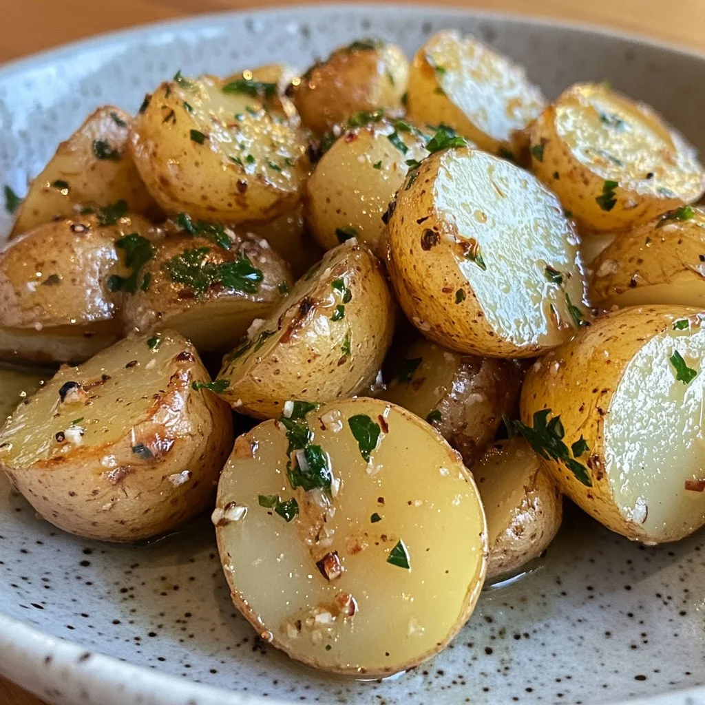 Vitlöksås med babypotatisar på en tallrik, serverad som en smakfull rätt.