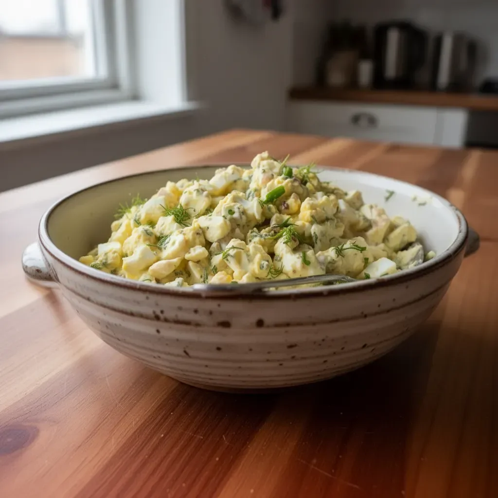 Delikat äggsallad i en skål med färska ingredienser