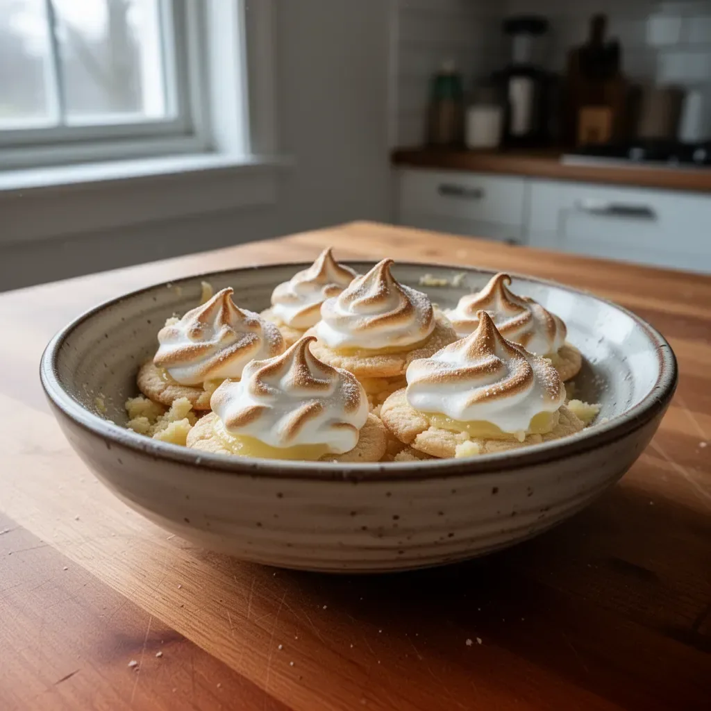 Läckra citronmarängpajkakor med marängtopp och citronsyra.