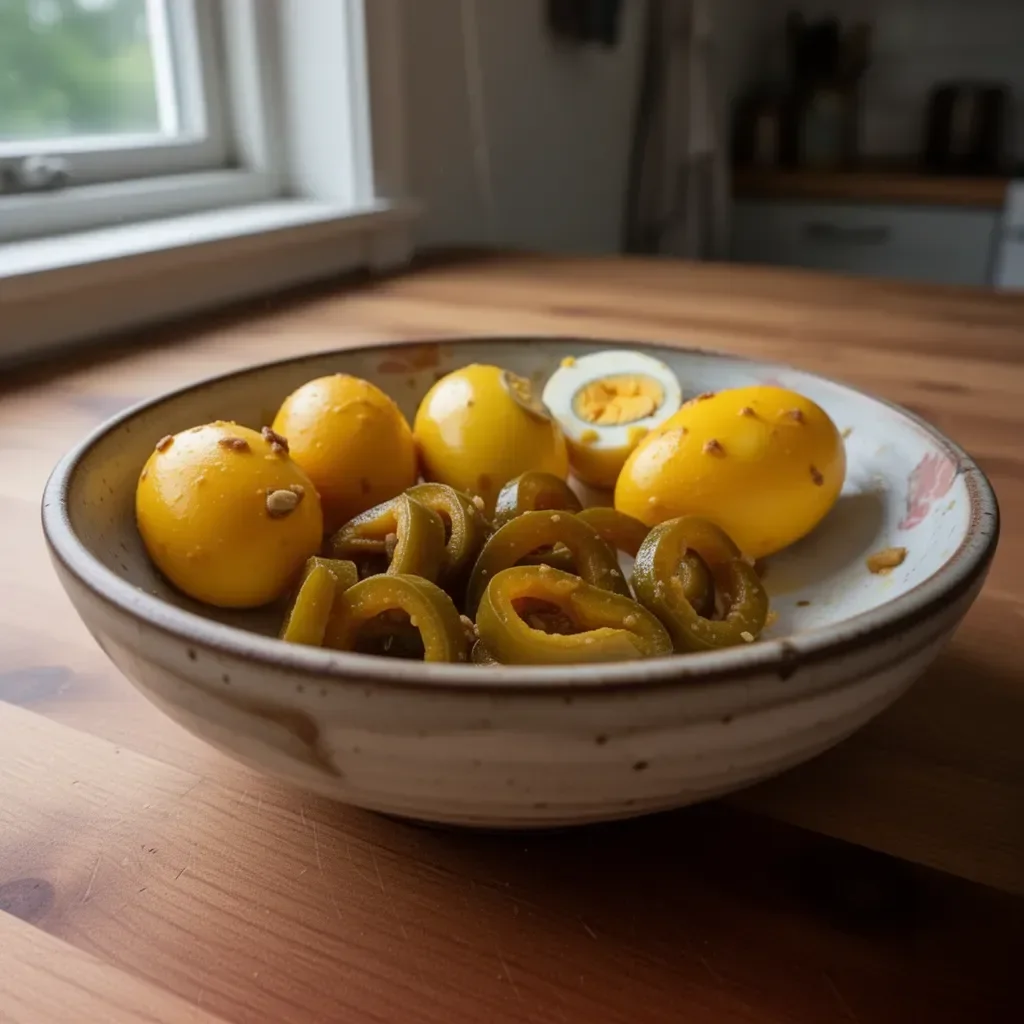 Cowboy Candy inlagda ägg med färgglada chilifrukter