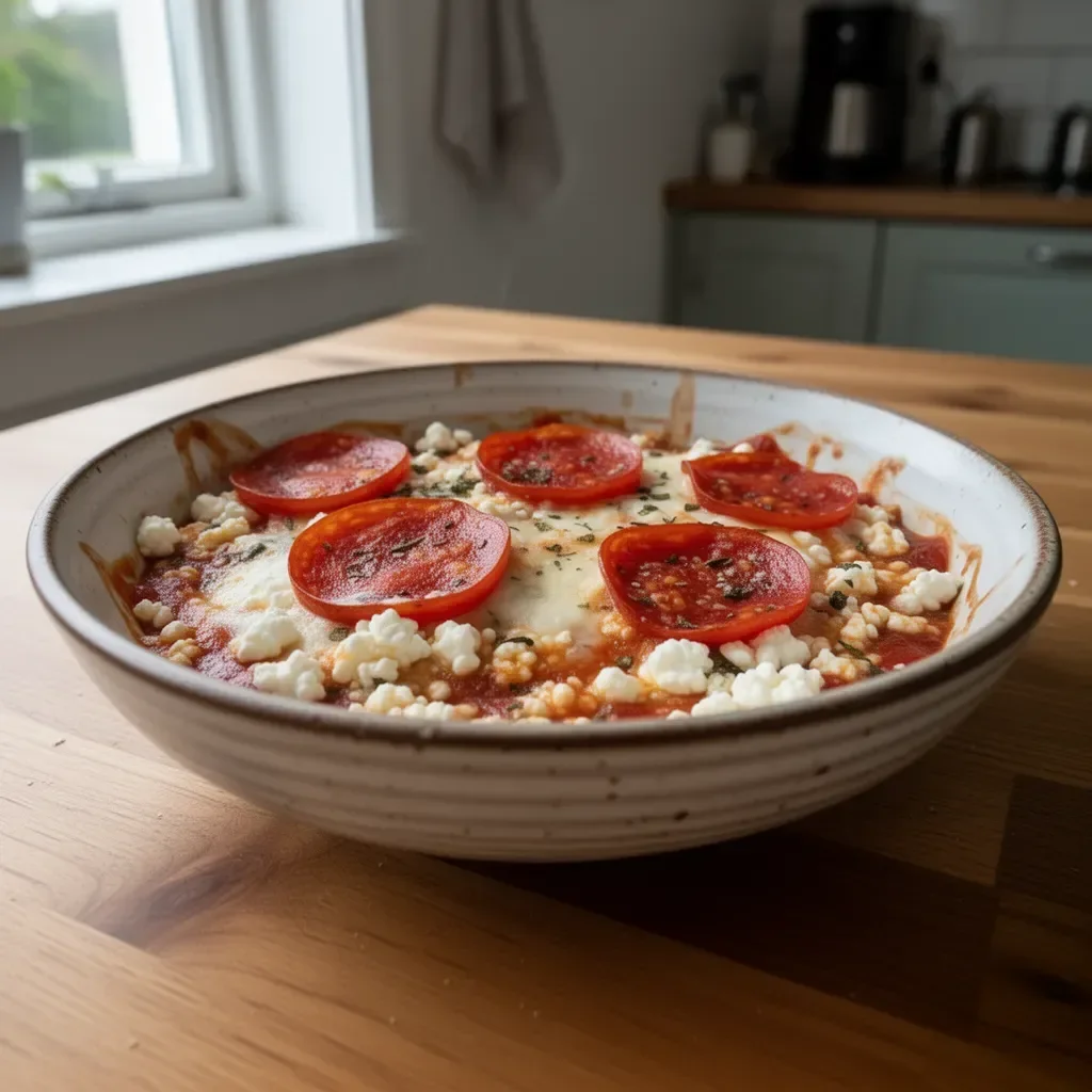 Högprotein cottage cheese pizza skål med färska ingredienser