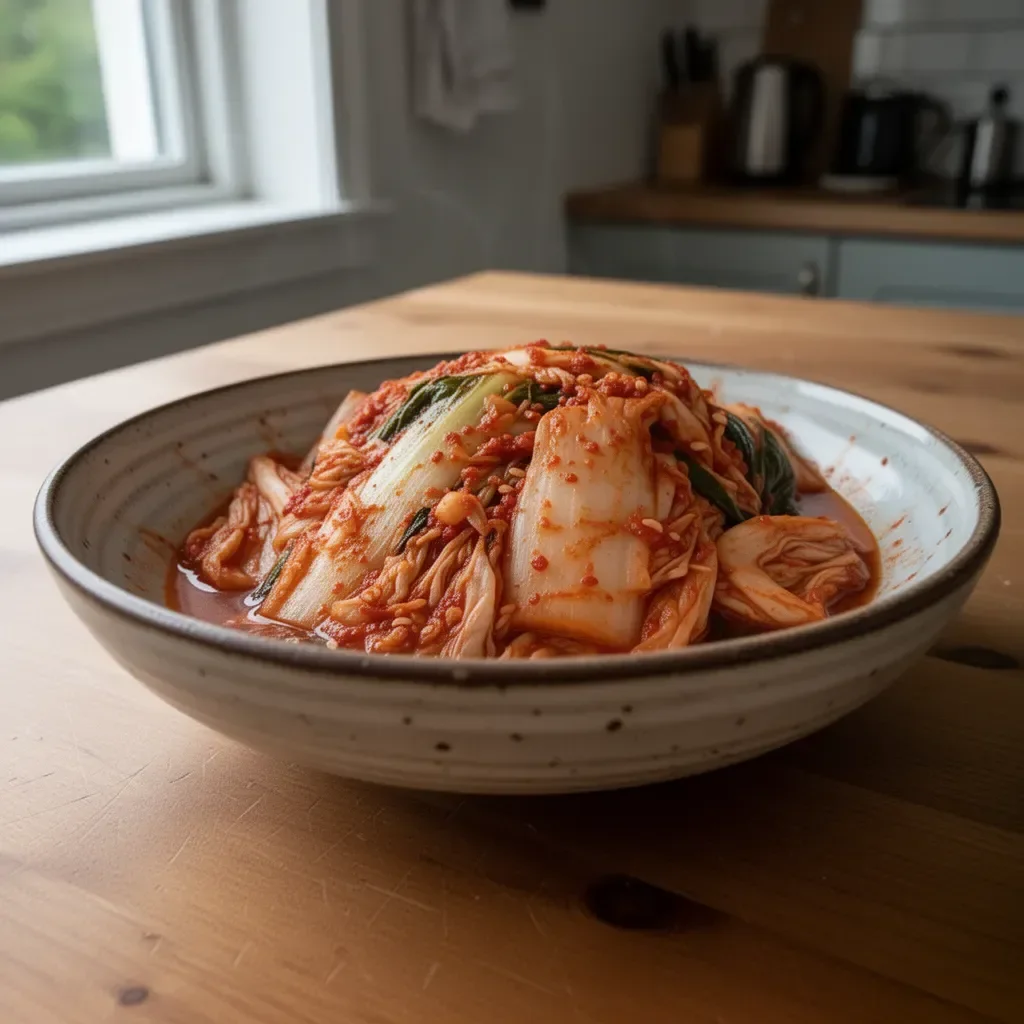 Hembakad enkel och läcker kimchi med grönsaker i en skål