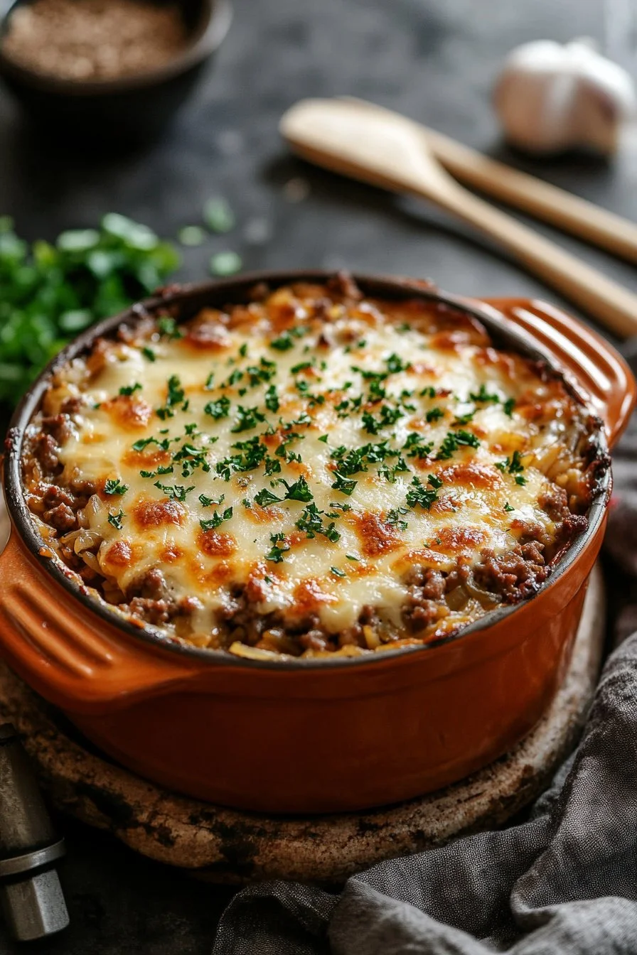 Fransk löksoppa med köttfärs och ris